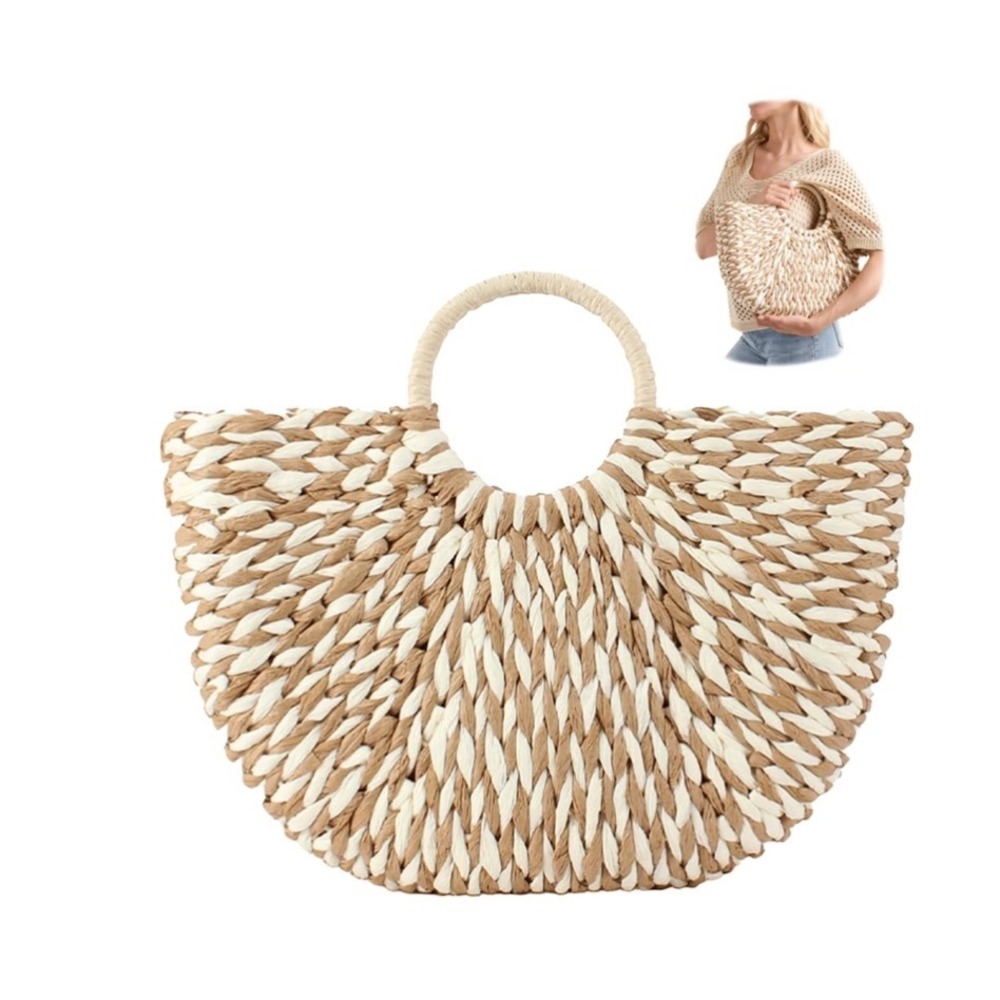 Tarvione Woven Straw Tote Bag Fan Shape Coastal‎ Boho Summer Beach Handbag Tan
